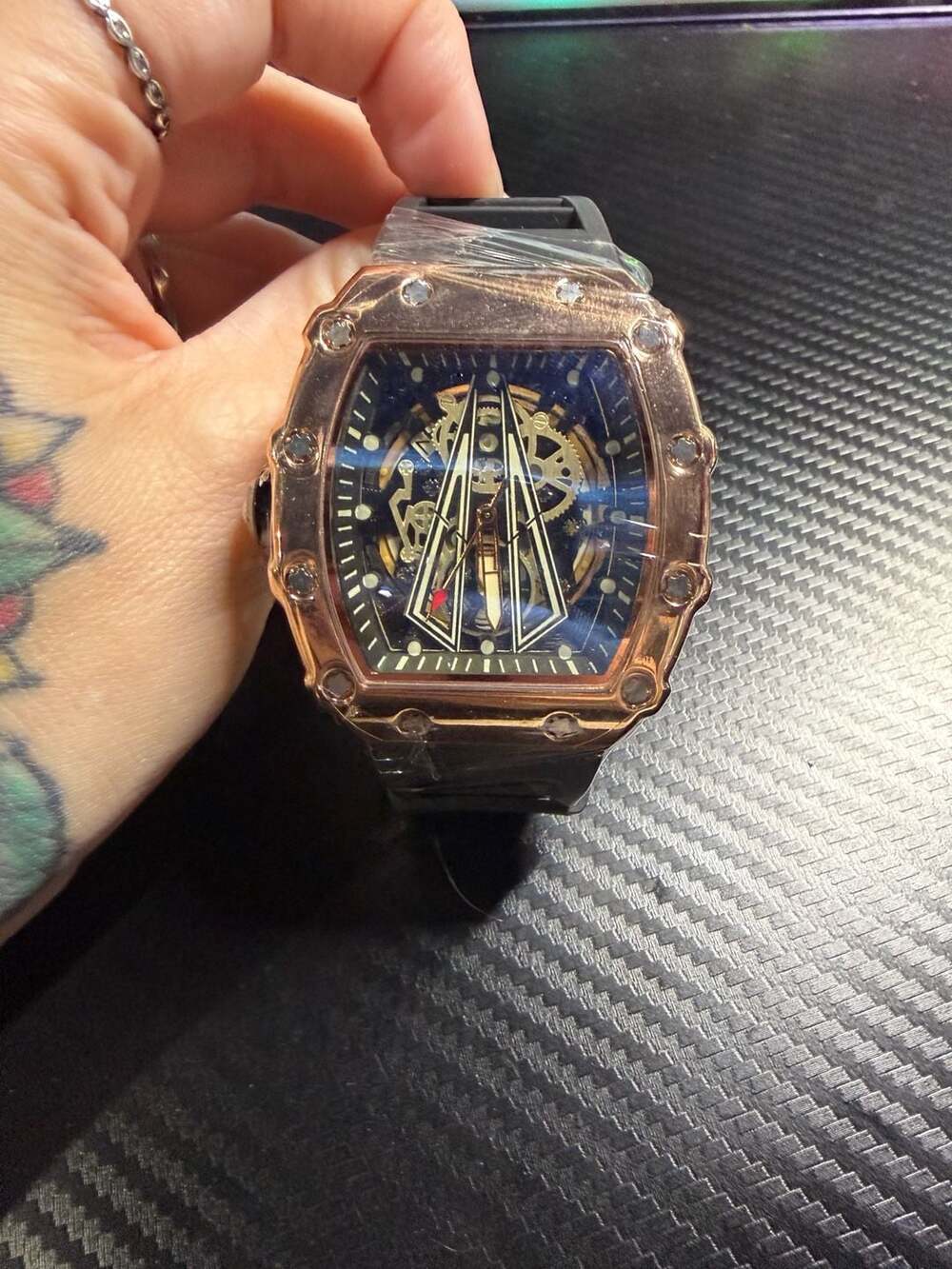 Unbranded Tonneau Skeleton Automatic Watch Rose Gold Tone